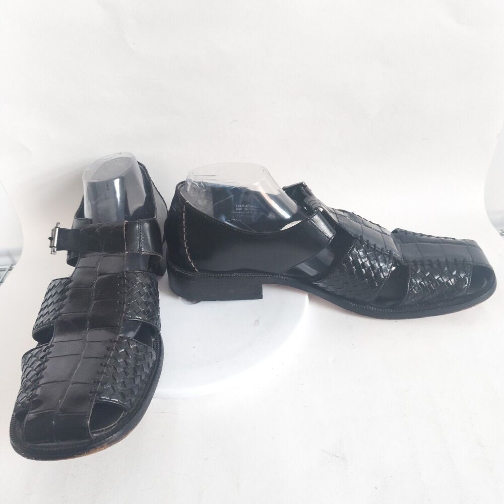 Stacy Adams Black Woven Leather Fisherman Sandals Size 12 Huarache Silver Buckle - Picture 2 of 13